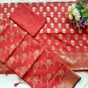 Banarasi Katan Silk Dress Material in Rust Red with Zari Buti & Kadwa Floral Jaal