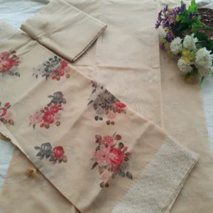 Elegant Beige Banarasi Silk Dress Material with Digital Floral Print & Zari Border Dupatta