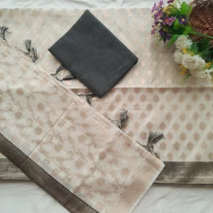 Classic Off-White Banarasi Silk Dress Material with Floral Zari Jaal & Antique Border Dupatta